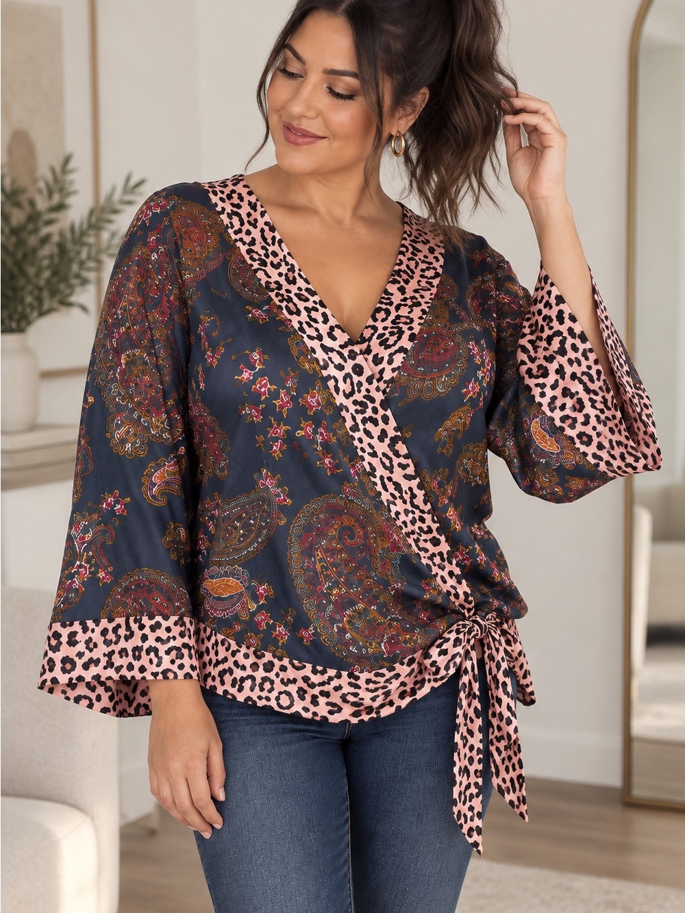 2X Boho Paisley Leopard Print Wrap Tie Waist Tunic Blouse